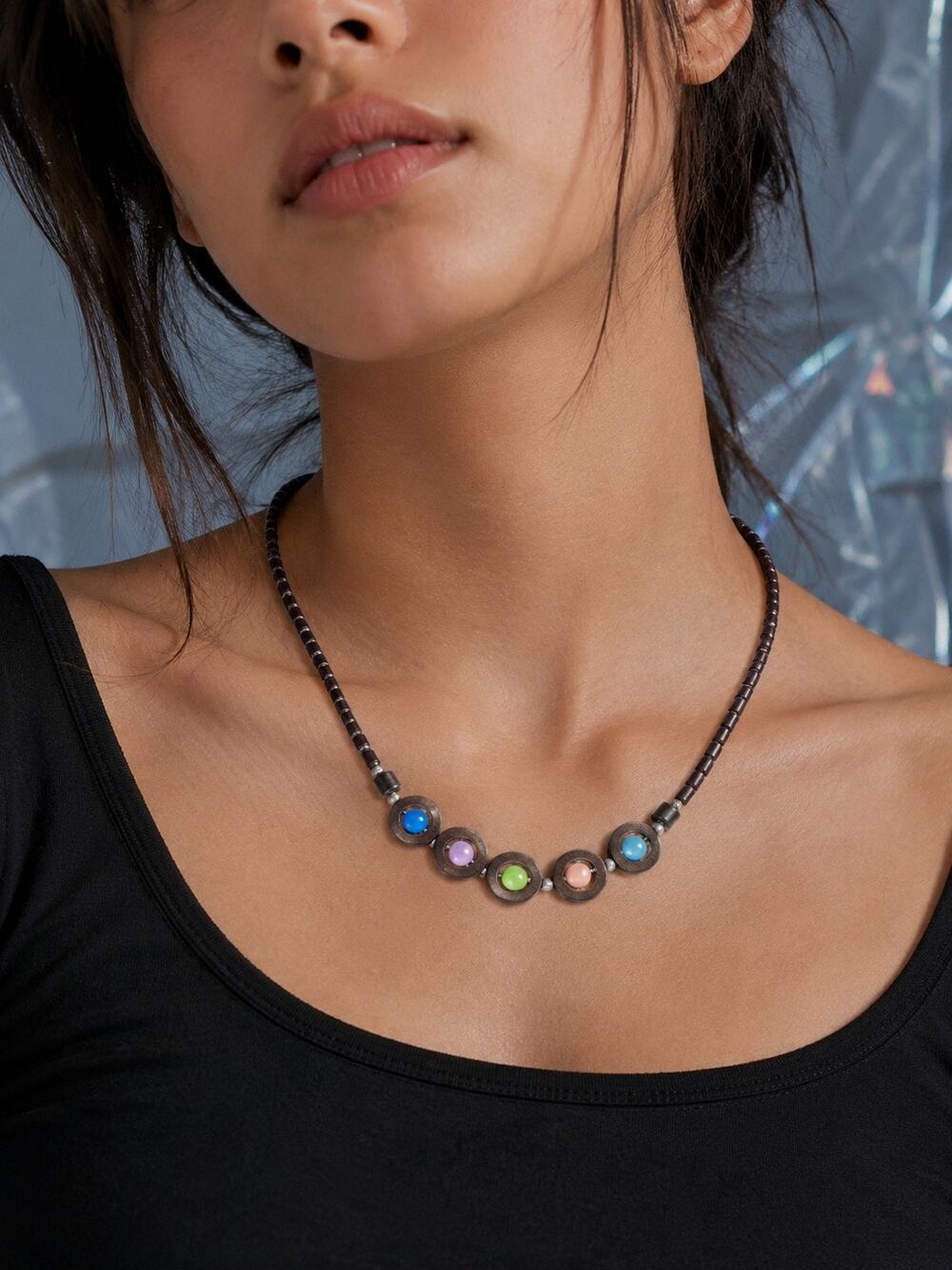 Colorful Cat Eye Beaded Necklace Black Metal Circle Statement Jewelry